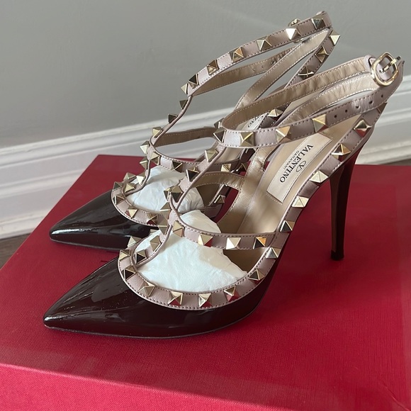 ✨VALENTINO✨ Brown & Pink Valentino Garavani Patent Cage 100 Heels - Picture 2 of 9